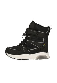 Zwarte hoge schoenen van synthetisch materiaal, met een gestructureerde afwerking, grijze accenten en een witte rubbere zool. Verstelbare band en veters.