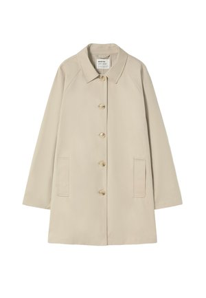 Abrigo beige de longitud media con mangas largas, cuello, cinco botones en la parte delantera y dos bolsillos verticales laterales.