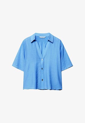 Lichtblauw overhemd met korte mouwen, knoopsluiting, kraag en geplooide details bij de achternek, losse pasvorm, gestructureerde stof.