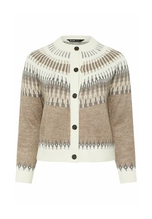 Cardigan lavorato a maglia con una combinazione di colori crema e marrone, motivi geometrici, polsini a coste e cinque bottoni marroni sul davanti.