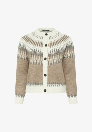 Neulejakku, jossa on kerma- ja ruskeasävyinen väriyhdistelmä, geometrisia kuvioita, ribbikudottu hihansuu ja viisi ruskeaa nappia edessä.