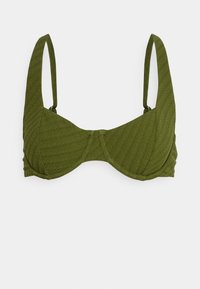 Top de biquíni verde-azeitona com um padrão texturizado de espinha de peixe, apresentando alças largas e um design estruturado com aros.