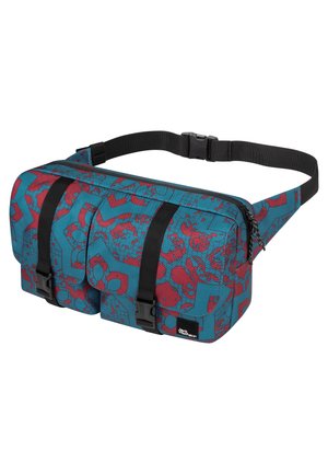 Türkise Tasche mit roten abstrakten Mustern, zwei Fächern, schwarzen Riemen und Schnallenverschluss. Hergestellt aus strapazierfähigem Stoff. Geeignet für den alltäglichen Gebrauch.