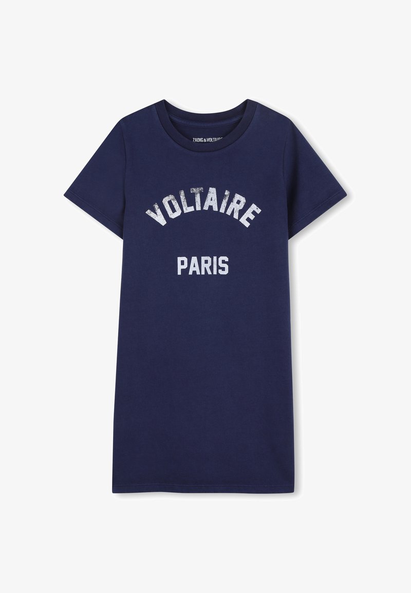 T-shirt à manches courtes bleu marine en coton, avec le texte blanc imprimé "VOLTAIRE" et "PARIS" en police usée.