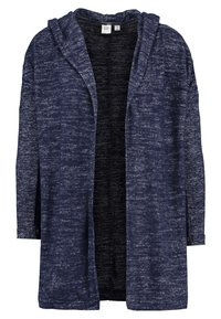 Cardigan con cappuccio di colore blu navy realizzato in un materiale a maglia testurizzata, con apertura frontale e maniche lunghe per una vestibilità comoda.