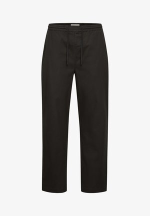 Pantalones de mezcla de algodón negros con cinturilla elástica, cordón, bolsillos laterales, corte holgado y diseño de pierna recta. Textura suave.