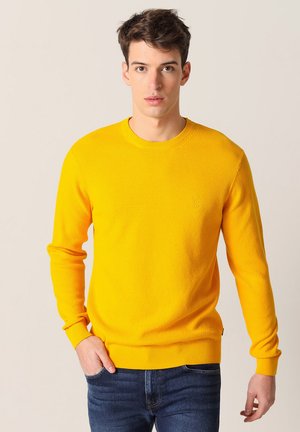 Pull jaune en tricot à col rond, avec des poignets et un ourlet côtelés, doté d'un motif texturé. Porté avec un jean bleu.
