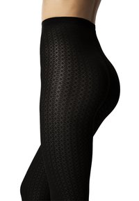 Sorte leggings lavet af struktureret stof med et diamantmønster, høj talje og tætsiddende silhuet, der fremhæver kropsformen.