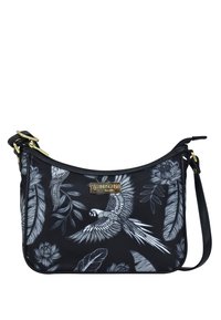 Zwarte schoudertas met witte bloemen- en veerpatronen, een witte papegaai in vlucht, gouden beslag en een verstelbare band.