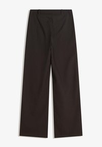 Pantalon à jambes larges marron foncé avec fines rayures verticales et passants de ceinture, posé à plat sur fond blanc.