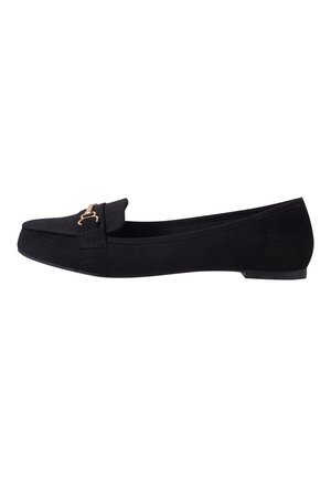 Black suede women's loafer with flat sole and gold-tone metal buckle detail across the upper.