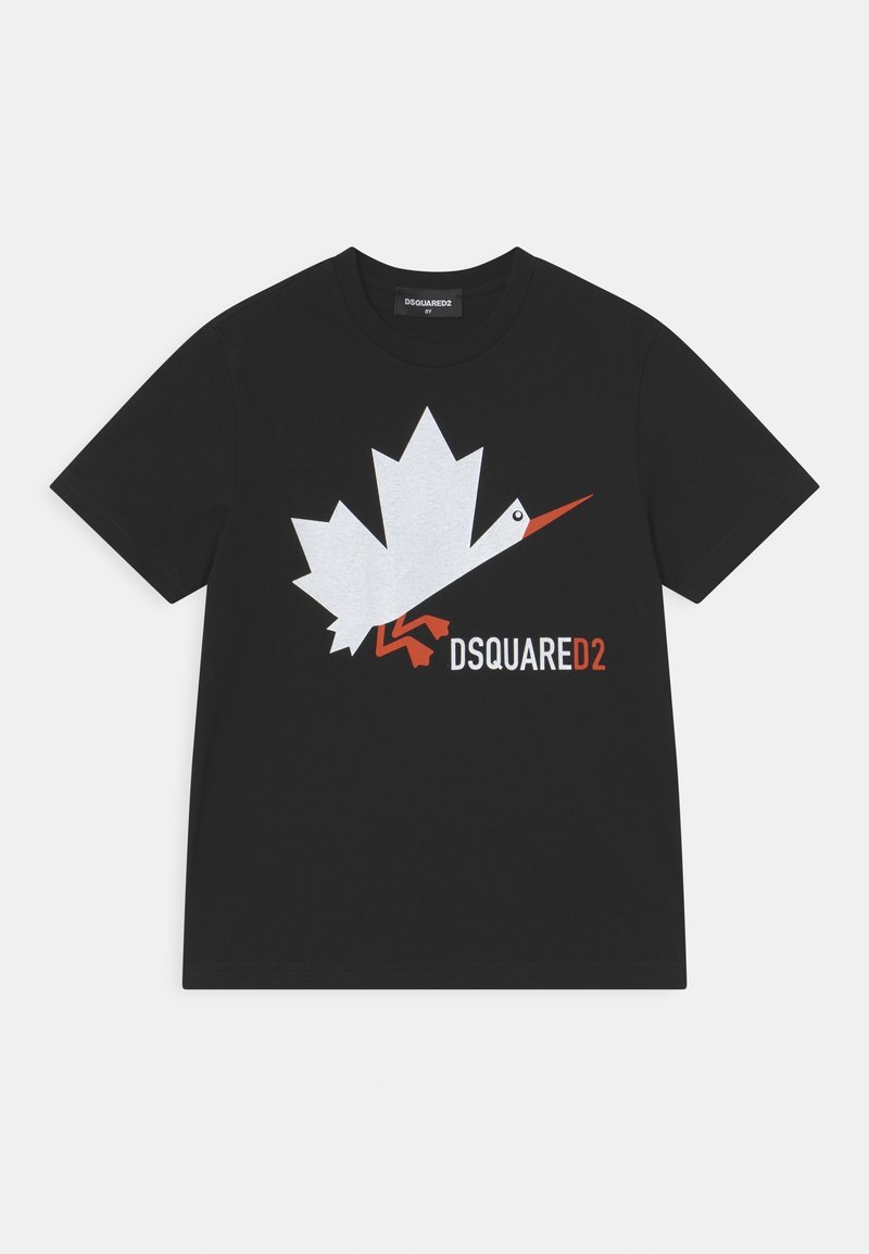 T-shirt en coton noir avec un grand graphique de feuille d'érable blanche et un oiseau stylisé en rouge, avec le texte "DSQUARED2" en couleurs contrastées en dessous.