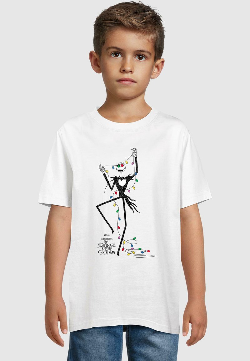 White cotton T-shirt featuring a graphic of a character with black outlines, colorful lights, and text from "The Nightmare Before Christmas."