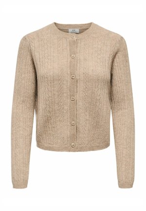 Beige knitted cardigan with a round neckline, button closure, and textured pattern featuring vertical lines and diamond motifs.