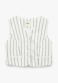 Weißes ärmelloses Oberteil mit vertikalen schwarzen Streifen, vier weißen Knöpfen auf der Vorderseite und zwei vorderen Einschubtaschen.