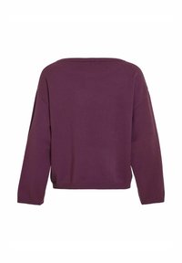 Pull ample à manches longues en tricot de couleur violet profond. Il possède un col large et un ourlet côtelé, avec un design simple et dépouillé.