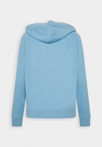 Sweat à capuche bleu clair vu de dos avec manches longues, poignets côtelés et une couture au centre de la capuche.