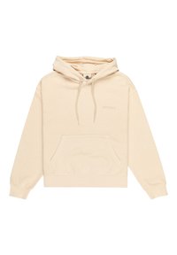 Beige pullover hoodie made of soft fabric, featuring a front pocket, drawstring hood, and subtle "element" logo embroidered on chest.