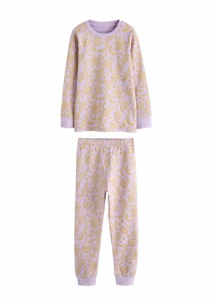 Detský dvojdielny fialový pyžamový set so zlatou hviezdou, mesiacom a paisley vzorom, s dlhými rukávmi a nohavicami s elastickým pásom.