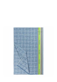 Sciarpa decorativa azzurro chiaro con un motivo testurizzato, caratterizzata da un bordo a contrasto con strisce verdi, arancioni e blu. I bordi sono frangiati.