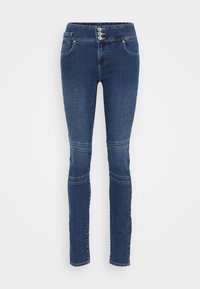 Jeans de mezclilla azul oscuro con una alta cintura, corte recto, bolsillos delanteros y cierre de dos botones. Presenta costuras en panel en las rodillas.