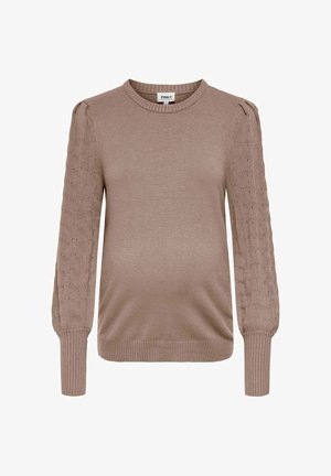 Lys brun genser med rund hals, tettsittende passform og teksturerte puffermer. Ribbestrikkede mansjetter og kant. Mykt strikkemateriale med detaljerte aksenter.