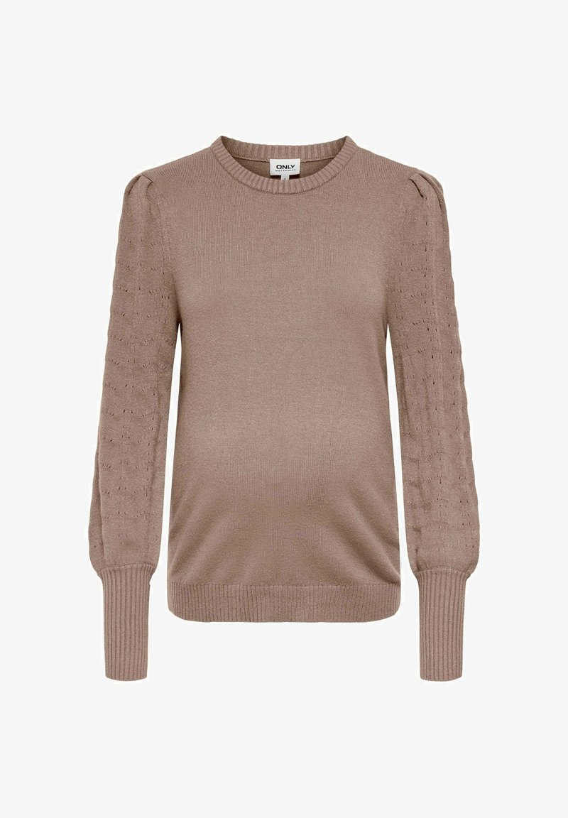 Pull marron clair à col rond, coupe ajustée, avec des manches bouffantes texturées. Poignets et ourlet côtelés. Matière tricotée douce avec des détails soignés.