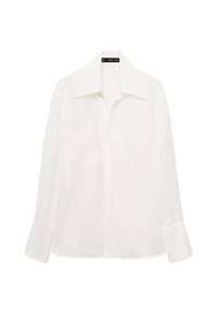 Weißes Langarmshirt aus leichtem Stoff mit klassischem Kragen, durchgehender Knopfleiste und strukturierten Details auf der Brust.