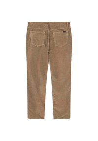 Pantaloni in corduroy marrone chiaro con gambe dritte, due tasche posteriori e dettagli di cucitura a contrasto. Texture liscia e design classico.