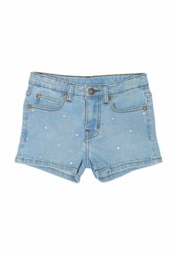 Ljusblå denimshorts med klassisk passform, fem fickor och metalliska silverpaljetter jämnt fördelade över framsidan.