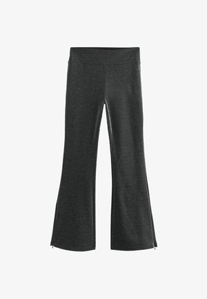 Schwarze ausgestellte Hose aus dehnbarem, strukturiertem Stoff mit einem subtilen Schimmer. Mit seitlichen Schlitzen am Saum für zusätzlichen Stil und Bewegung.