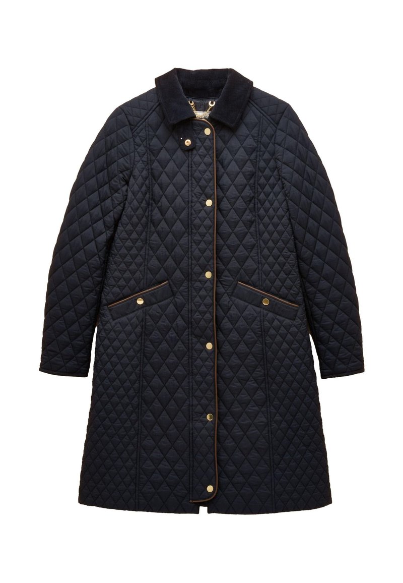 Long dark blue quilted coat with a black collar, front snap buttons, and two front pockets with gold button closures.