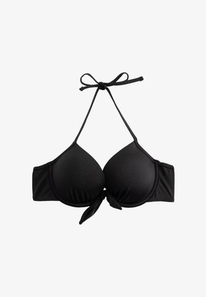 Haut de bikini noir avec des bonnets rembourrés, des liens ajustables au cou et un détail de nœud à l'avant. Texture lisse sans motifs visibles.