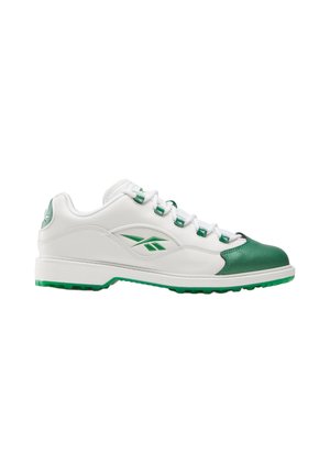 White and green low-top sneaker with Reebok logo on side, green toe cap, and green accents on laces and sole.