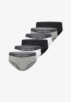 Six pairs of cotton men's briefs in gray, black, and white. Features elastic waistbands with "camano" logo, seamless design, and classic cut.