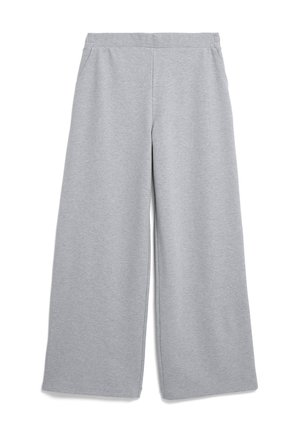 Grijze wijde broek van zachte stof, met een elastische tailleband en twee zijzakken. Geen zichtbare patronen of accenten.