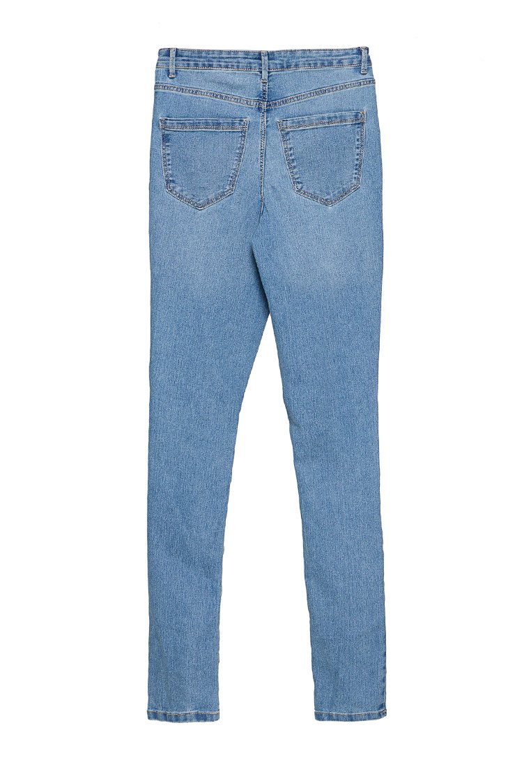 Jeans ajustados de color azul claro, hechos de denim, con una cintura de altura media, dos bolsillos traseros y un diseño limpio y sin adornos.