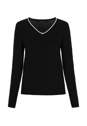 Black knit sweater with long sleeves, V-neck design, white trim along the neck. Soft texture, ribbed cuffs and hem. Classic fit.