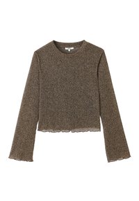 Pull marron à manches longues avec côtes, design court, ourlet festonné et texture douce rehaussée d'un fil métallique partout.