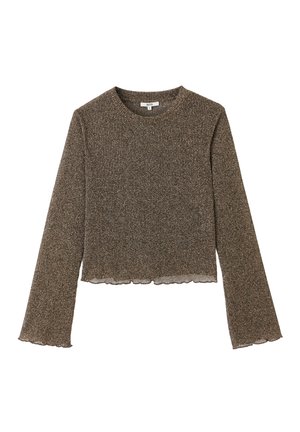 Pull marron à manches longues avec côtes, design court, ourlet festonné et texture douce rehaussée d'un fil métallique partout.