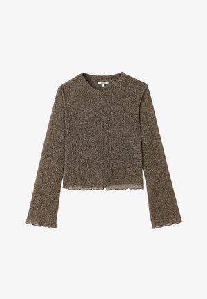 Pull marron à manches longues avec côtes, design court, ourlet festonné et texture douce rehaussée d'un fil métallique partout.