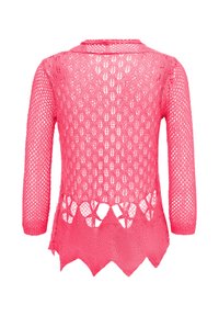 Rózsaszín kötött pulóver hosszú ujakkal, nyitott rácsos mintázattal, fodrozott szegéllyel és befüggesztett gyémánt mintákkal. Könnyű és légies textúra.