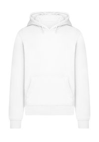 White hoodie made of soft fabric, featuring a kangaroo pocket, adjustable drawstring hood, and ribbed cuffs and hem.