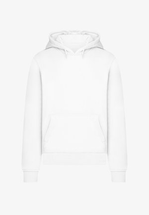 White hoodie made of soft fabric, featuring a kangaroo pocket, adjustable drawstring hood, and ribbed cuffs and hem.