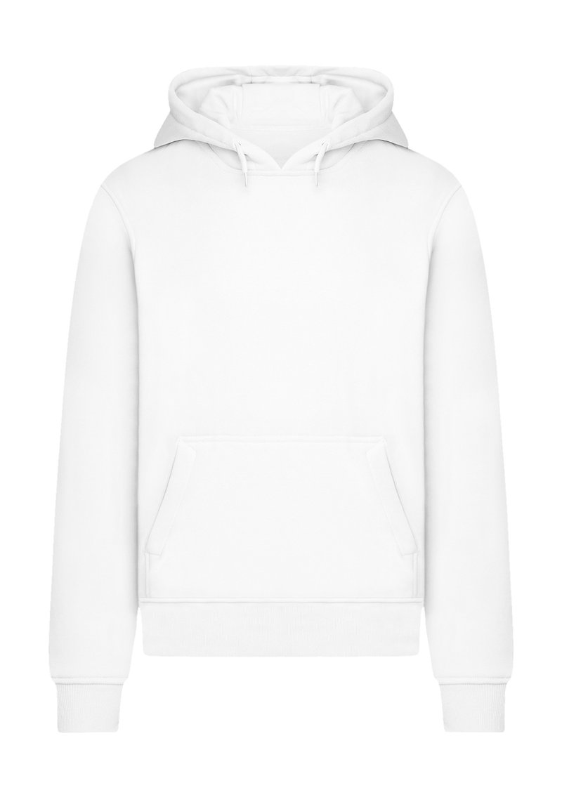 White hoodie made of soft fabric, featuring a kangaroo pocket, adjustable drawstring hood, and ribbed cuffs and hem.