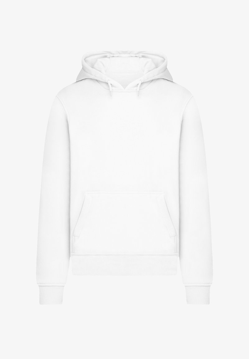 White hoodie made of soft fabric, featuring a kangaroo pocket, adjustable drawstring hood, and ribbed cuffs and hem.
