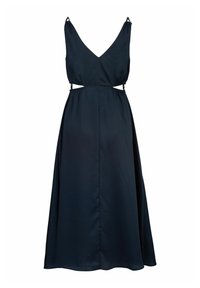 Marineblaues Midikleid aus leichtem Stoff, mit tiefem V-Ausschnitt, dünnen Trägern und Ausschnittdetail an der Taille. Glatte Textur.