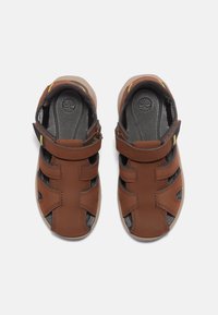 Bruna läder sandals med flera remmar, öppna sidor och kardborrestängning. Texturerad svart inredning och gummisula med logodetalj.