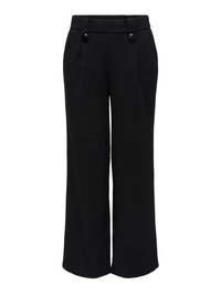 Pantalon noir à jambes larges fabriqué dans un tissu lisse. Il présente une taille haute, deux poches avant et deux boutons décoratifs sur la ceinture.