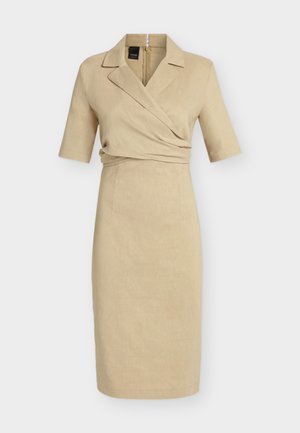 Bež haljina do koljena s polu-duginim rukavima, preklopnog prednjeg djela, ovratnikom s urezom i patentnim zatvaračem na leđima.